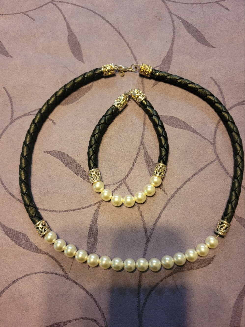Classic Black Braided  Necklace and Bracelet Set with "Pearls"
